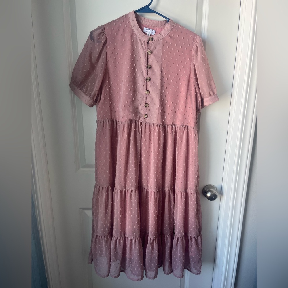 Indie And Co Pink Ribbed Polka Dots Midi Dress With Short Puff Sleeves Size Larg